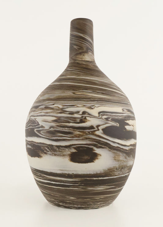 A ceramic vase with a rounded body and a narrow neck, featuring a marbled pattern of brown, beige, and white swirls, photographed against a plain white background.