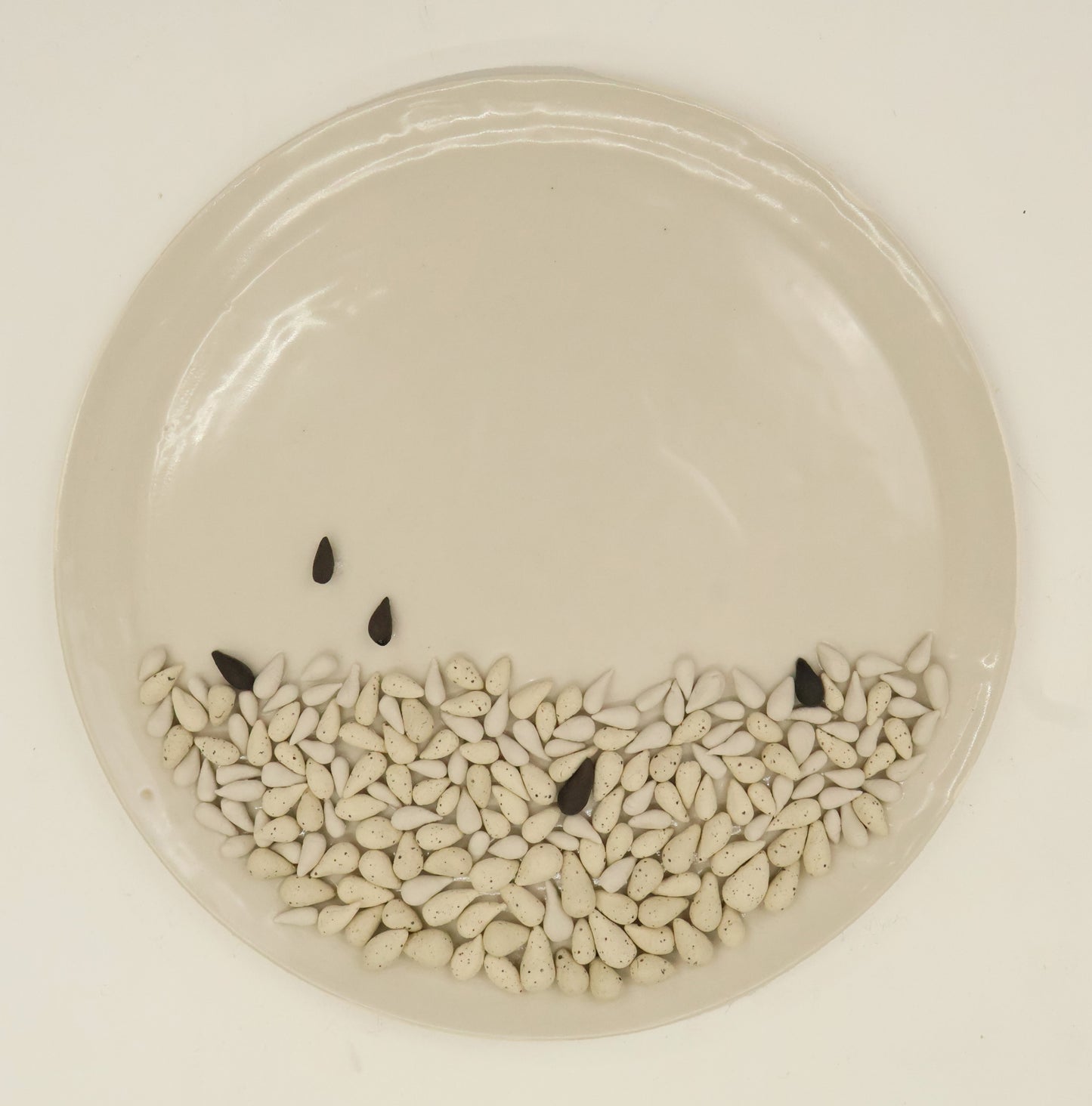 A top-down view of a round ceramic plate with a shallow depression at the bottom containing many small off-white teardrop-shaped seeds, with a few darker black seeds placed above them on a plain white background.